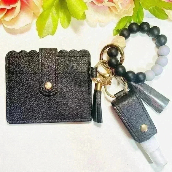 Wristlet Card Wallet Bracelet with travel size sanitizer case in Black - Picture 3 of 6